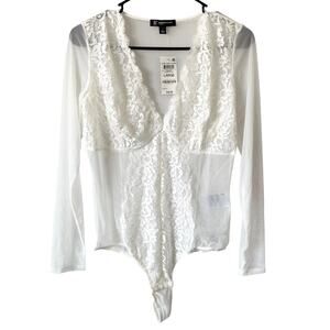 NEW INC INTERNATIONAL CONCEPTS Sheer Long Sleeve Lingerie Bodysuit White Large